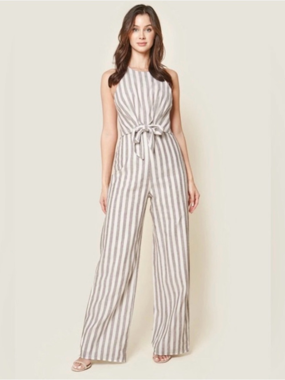 ✨Sugar Lips 100% Linen Striped Halter Jumpsuit Size L
